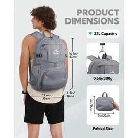 WATERFLY Hiking Foldable Daypack Backpack: 25L Ultra Lightweight Waterproof Day Pack for Woman Man - Small Compact Packable Folding Back Pack for Outdoor Sport Cycling Biking Travel Trip - Gray