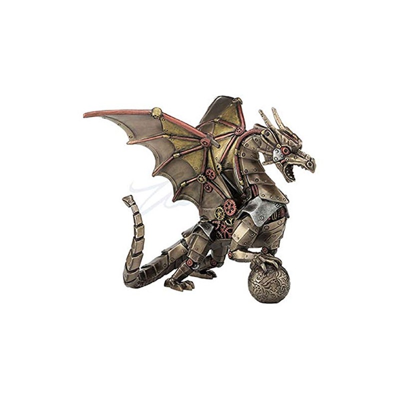 Unicorn Studio Steampunk Mechanical Gear Dragon Sitting Holding Sphere Statue