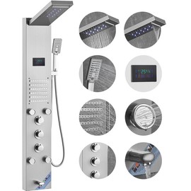 VEVOR Shower Panel System, 6 Shower Modes, LED & Screen Hydroelectricity Shower Panel Tower, Rainfall, Waterfall, 8 Massage Jets, Tub Spout, Handheld Shower, Stainless Steel Wall-Mounted Shower Set - Body Nozzle Mode Typ: 1 Large Nozzle + 4 Body Nozzles【