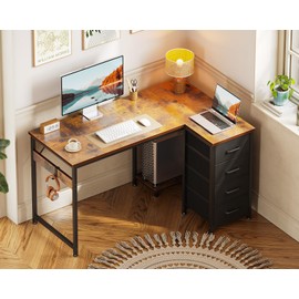 Casaottima L Shaped Desk with 4 Drawers, 40" Small Corner Computer Desk with Storage, Reversible Kids Study Table with CPU Stand & Hook, Work Table for Home Office, Brown