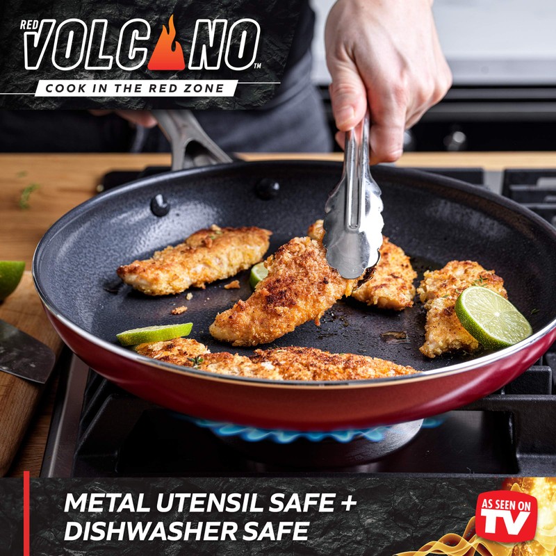 Red Volcano Textured Ceramic Nonstick, 10 Piece Cookware Pots and