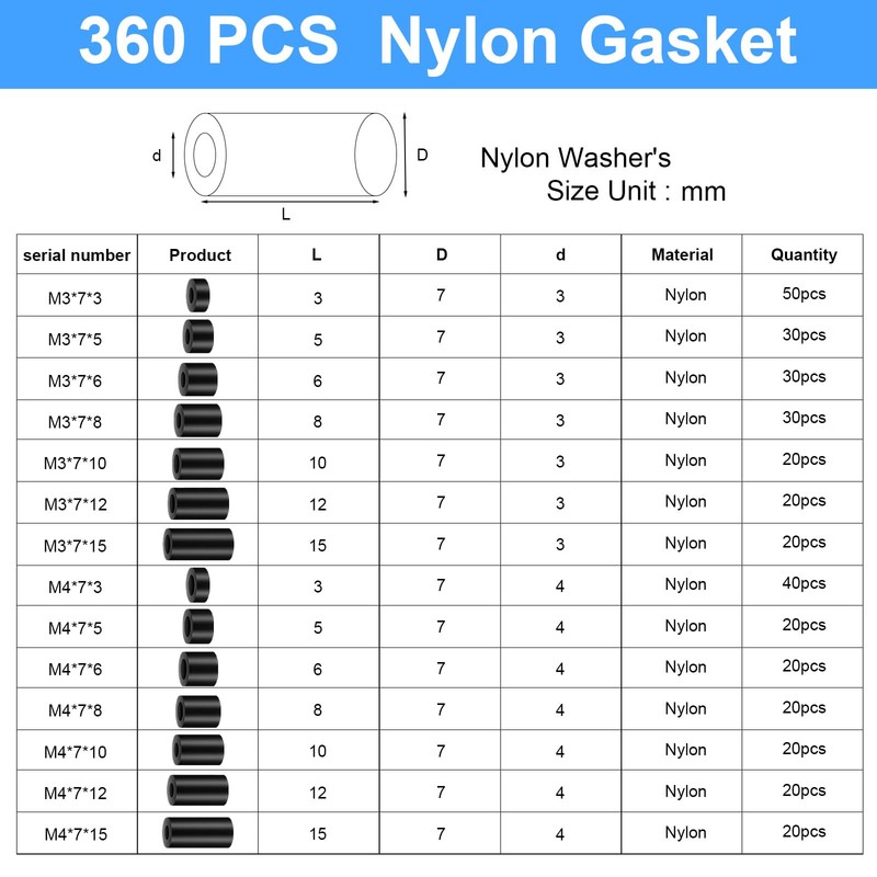 360 Pcs Nylo360 Pcs Nylon Plastic Spacers, Black Nylon BS