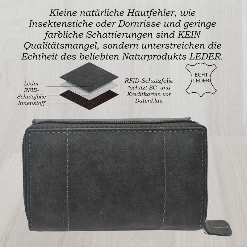 Women's Purse, Wild Leather, in 9 Colours Rfid Black Damen