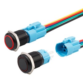 Bestgle 16mm Latching LED Push Button Switch with Pre-Wiring, IP65 Waterproof 1NO 1 Normally ON OFF Switch, Self-Locking Switch with Wired Socket Plug for 5/8" Mounting Hole (Red LED Ring)