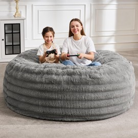 Hobestluk Bean Bag Chairs Beanbag Chair with Filler Adult Bean Bags with Fluffy Ripple Cover, Giant Bean Bag Chairs for Adults (Grey, 6FT - 70" x 70" x 15")