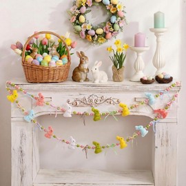 Gilprop Easter Decorations Garland Bunny Velvet Hanging Banner with Wooden Beads Pastel Bunny Decoration 4.92 ft Easter Garland for Mantel Fireplace Wall Indoor Spring Home Decor