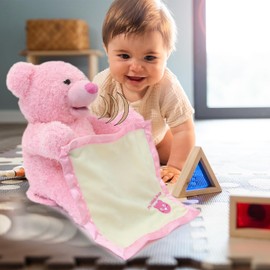 JAMARA Mrs. Babble Bear - Raises and lowers arms with blanket, hide-and-seek play, talks and moves mouth, soft fur, pink