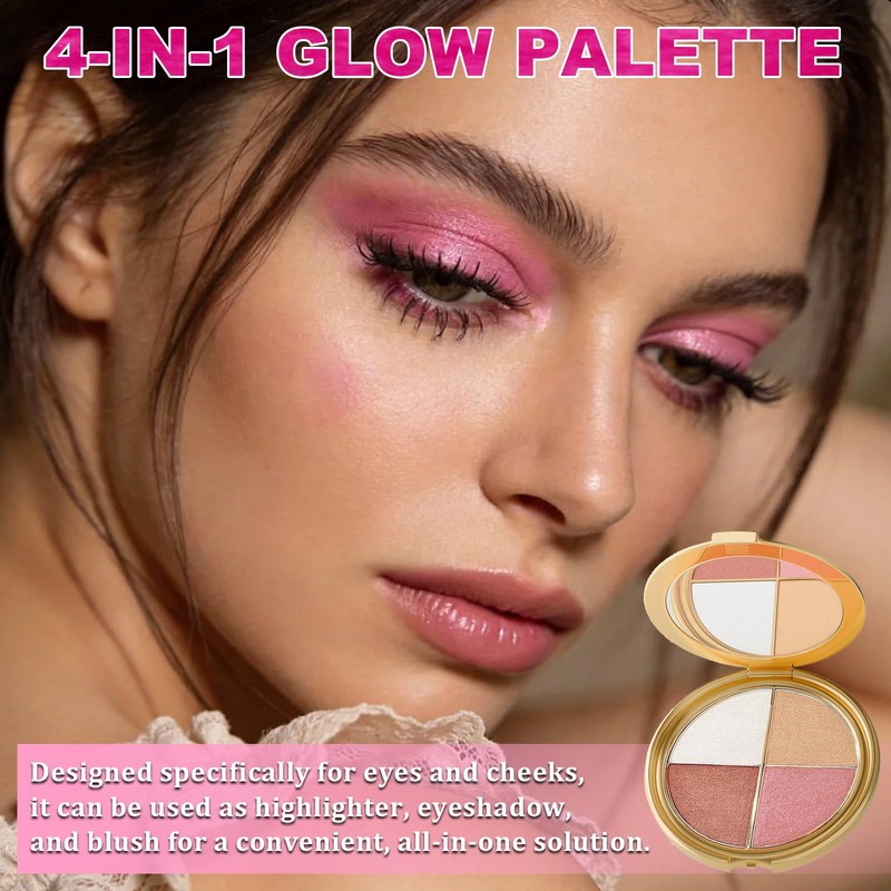 4-In-1 Eye & Cheek Palette, Blush Highlighter with 1 PCS