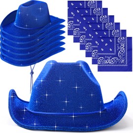 12 Pcs Sparkly Adults Cowboy Hat for Women Men Western Glitter Cowgirl Hats with Adjustable Drawstring Cowboy Party Bandana(Sapphire Blue)