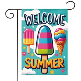HOMFREEST Summer Ice Cream Welcome Garden Flag 12x18 Inch Double Sided Burlap Outside Hello Summmer Blue Decorative Small Yard Flag Farmhouse Outdoor Decoration