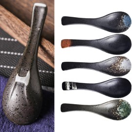 5 Piece Ceramic Spoon Set, Retro Chinese Ramen Soup Spoon, Japanese Soup Spoon, Asian Ramen Noodle Cutlery, Household Cutlery Soup Spoon (Black)