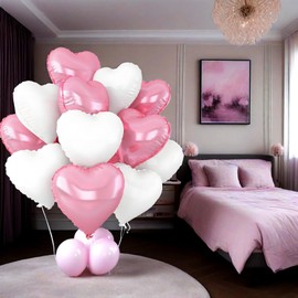 12Pcs Baby Pink & White Heart Balloons, 18 Inch Foil Pastel Pink White Heart Shaped Balloons for Baby Girl Birthday, Baby Shower, Wedding, Anniversary & Princess Theme Party Decorations