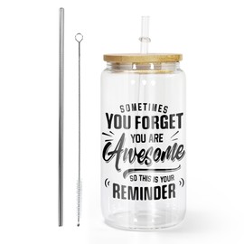 AGH Inspirational Gifts for Men Women, Sometimes You Forget You're Awesome 16OZ Glass Coffee Tumbler, Thank You Gifts for Dad, Husband, Friends on Fathers Day Birthday Glass Coffee Cup with Bamboo Lid