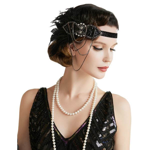 ArtiDeco 1920s Headband Women's Gatsby Costume Accessories 20s Flapper Feather Headband -