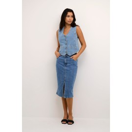 KAFFE Women's Denim Vest, V-Neck, Buttons, Tailored Fit, Waist Length Waistcoat, Light Blue Washed Denim