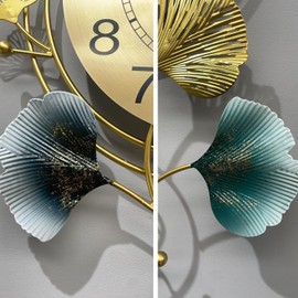FILLOVE Elegant Metal Wall Clock with Silent Round dial and Gold and Blue Leaves, Modern Non-Walking Silent Metal Wall Clock for Living Room, Bedroom, Study, Office (25in*12in)