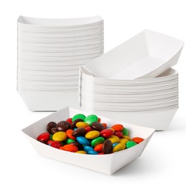 Fit Meal Prep [125 Pack] 0.25 lb Paper Food Trays Heavy Duty Disposable Food Boats, White Nacho Tray for Parties Fairs Picnics Carnivals, Holds Sause Candies Nut Grease Resistant