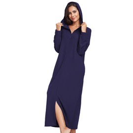 COLORFULLEAF Women's Zip Up Robes Long Sleeve Hooded Fleece Bathrobe Soft Warm Housecoat Loungewear with Pockets(Navy Blue,L)