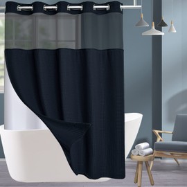 Conbo Mio No Hook Waffle Weave Shower Curtain with Snap in Liner Set, Hotel Luxury Black Shower Curtains for Bathroom with See Through Top Window, Waterproof, Washable 71W x 74H