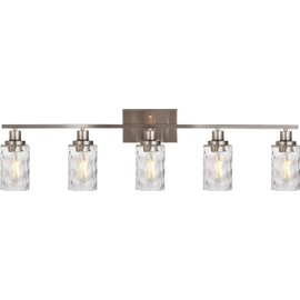 MELUCEE 5-Light Bathroom Light Fixtures Brushed Nickel Finish, Modern Vanity Light Industrial Wall Lamp with Clear Hammered Glass Shade for Powder Room Bedroom