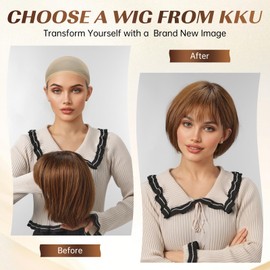 KKU 10 Inch Ombre Ash Blonde Human Hair Wig with Bangs,Human Hair Wigs for Women,Daily Use