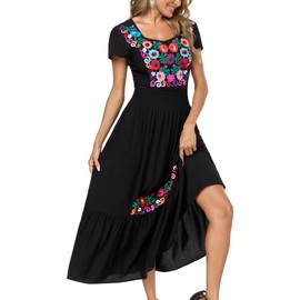 Women's Summer Maxi Dress Casual Floral Embroidered Round Neck Ruffle Short Sleeve Tiered Dress Flowy Boho Beach Sundress Black (S, E502BK2)