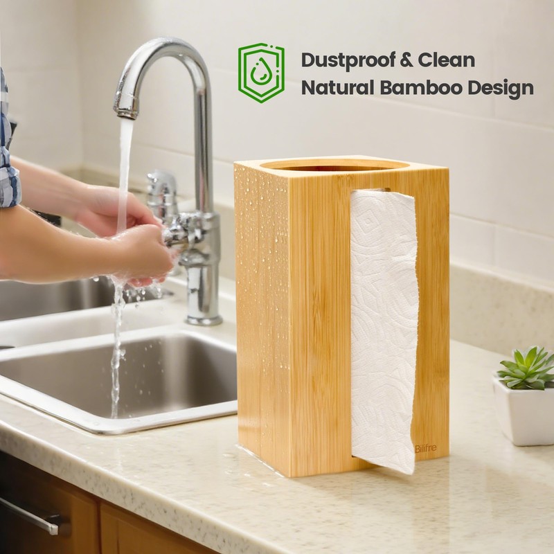 Bilifre Bamboo Paper Towel Holder with Hooks – One-Hand Tear,