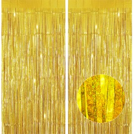 Lericttor 2Pcs 3.3ft x 8.2ft Tinsel Curtains Gold Glitter Foil Fringe Curtain Backdrop Streamers, Metallic Tinsel Foil Curtains Background Streamers for Wedding Baby Shower Birthday Party Decorations
