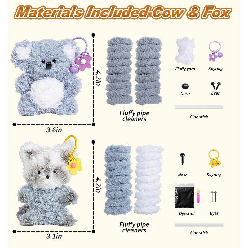 Fluffy Pipe Cleaner Craft Kits, 4-Pack DIY Plush Animal Keychain