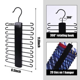 JOHOUSE Wooden Tie Rack, Tie Hanger Organizer for Men Closet 20 Hooks 360 Degree Rotating Hanging Space Saving Holder for Belt Scarf, Black