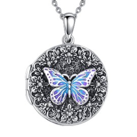 Diamond Butterfly Locket Necklace That Holds 2 Pictures 925 Sterling Silver Butterfly and Flower Locket Pendant Photo Jewelry Gifts for Women Mom Wife Christmas Birthday,18+2 inc