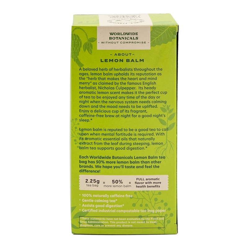 Worldwide Botanicals Organic Lemon Balm Tea, 25 Tea Bags -