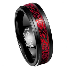 Corato 8mm Men's Black Celtic Dragon Tungsten Carbide Wedding Ring Red Opal Paper Inlay Polished Step Edges Comfort Fit Size 5.5