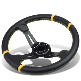 Aluminum Frame Vinyl Leather Cover 350mm 6-Bolt Steering wheels + Horn Button (Black Spoke/Yellow Stripe)
