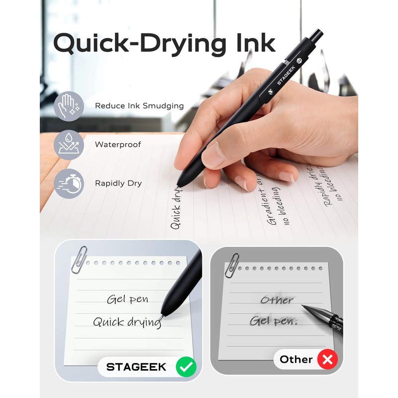 STAGEEK Black Gel Pens, 6Pcs Fine Point Smooth Writing Pens