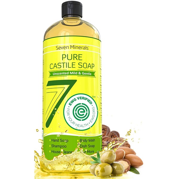 EWG Verified Castile Soap 33.8 fl oz - No Palm Oil, GMO-Free - Unscented Mild & Gentle Liquid Soap For Sensitive Skin & Baby Wash - All Natural Vegan Formula with Organic Carrier Oils