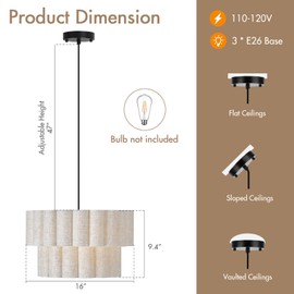 HILUXIA 16 Inch Wavy Linen Chandelier Modern Pendant Light Fixture, Rustic Fabric Hanging Ceiling Lamp for Dining Room, Kitchen Island, Living Room, Foyer, Dimmable Lighting Over Table