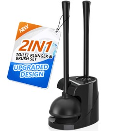 Toilet Plunger and Brush with Holder, Bowl Brush and Heavy Duty Toilet Plunger Set for 5.7-inch Toilet Drain, 2-in-1 Bathroom Cleaning Combo with Modern Caddy Stand (Black)
