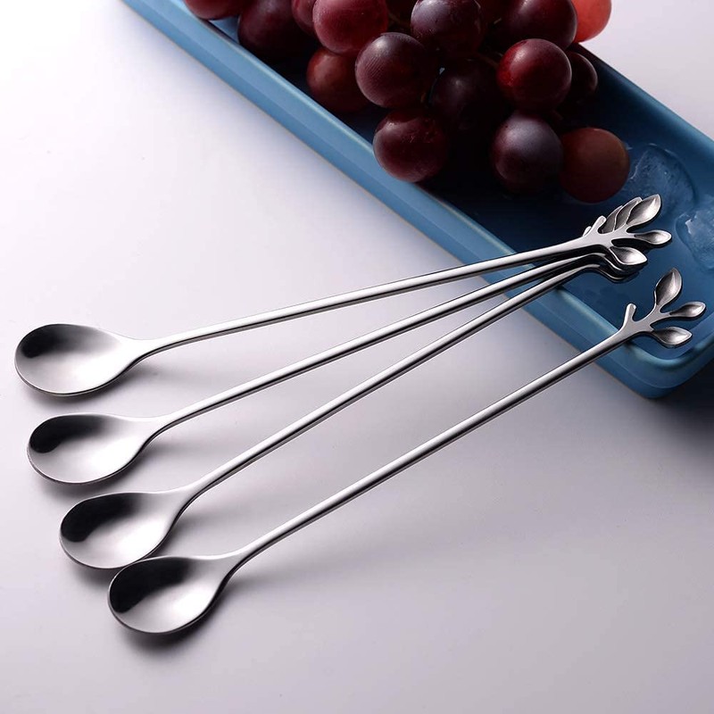 AnSaw 6-Piece Elegant Silver Leaf Long Handle Teaspoons - 7.4"