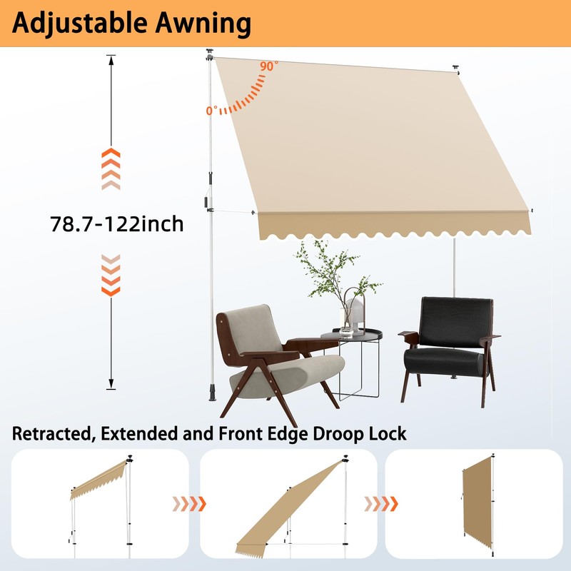 PATISOL 78"x51" Manual Retractable Awning Aluminum Patio Sunshade Shelter