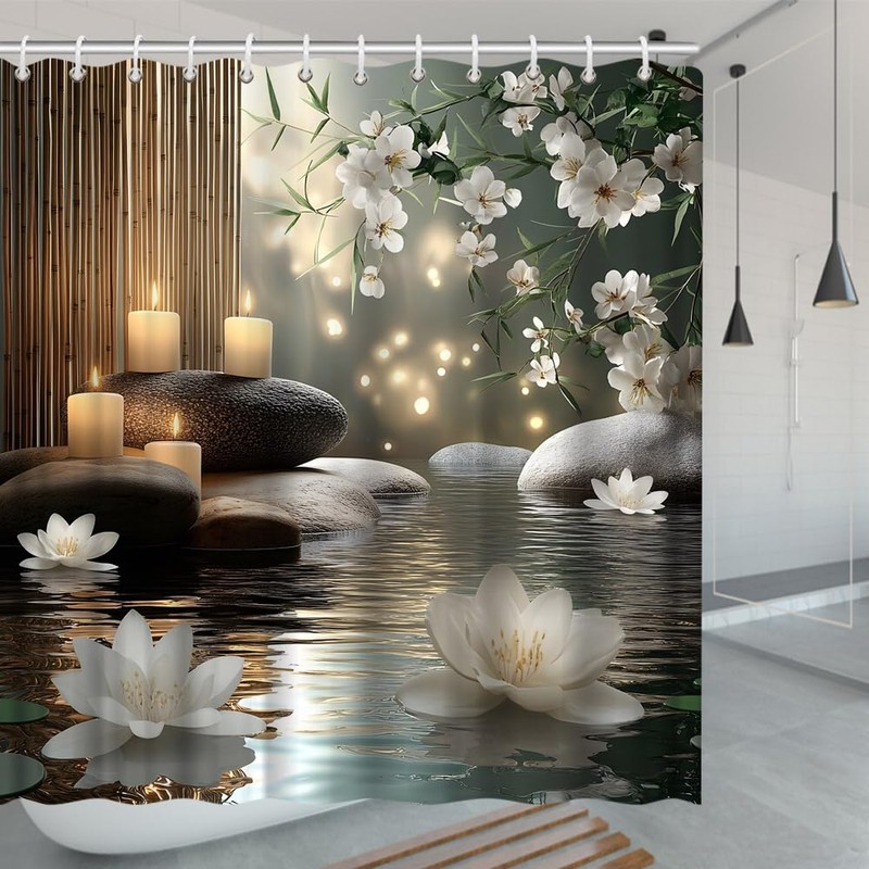 EUBTPA Lotus Zen Bamboo Shower Curtain Stone Spa Floral Flowers