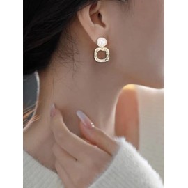 BiBeary Simulated Pearl Square Statement Women's Earrings Vintage Style Art Deco Prom Party, Zirconia, simulated pearl