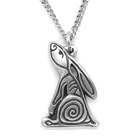 DH Pewter Spiral Moon Gazing Hare Pendant Necklace with Chain-Lemon pouch