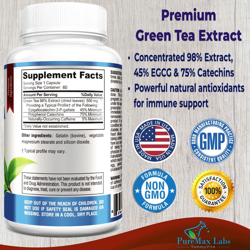 YUMMYVITE Green Tea Extract 98% - 3X Strength, 75% Polyphenol