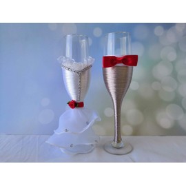 Abbie Home Bride and Groom Wedding Champagne Flute in Grey and White - Party Reception CelebretionLace Champagne Tosting Glasses with Dress Bow Red Rose and Rhinestone, Set of 2 (Glass Set)