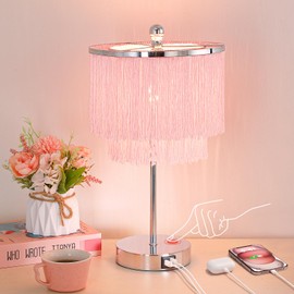Pink Lamp for Girls Room, 3-Way Dimmable Touch Lamp with USB Port, Girls Lamp with Tassel Lampshade, Pink Table Lamp for Girl Room, Bedroom, Living Room, Dresser, Nightstand, LED Bulb Included