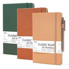 feela Hardcover Notebook For Work, Classic Ruled Lined Journal Set School Business Supplies, with 3 Black Pens, 120 GSM, 5.1”x8.3”, 3 Pack, A5, Vintage Colors