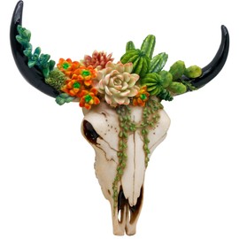 alikiki Rustic Western Home Decor - Tribal Wall Decor Western Long Horn Bull Skull Wall Decor Cow Buffalo Skull Bison Animal Head Wall Hanging Wall Arts w/Succulents for Bedroom Living Room Cold Cast Resin Figurines
