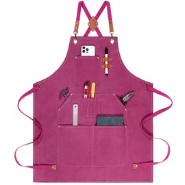 ROLOSI Work Aprons for Men Women with 9 Pockets Chef Apron 14oz Cotton Canvas Cross Back Aprons Heavy Duty Apron Pink Tool Apron for Woodworkers Kitchen Cooking Apron Waterproof Apron Size M to XXL