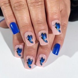 24PCS Butterfly Press on Nails Short Square Fake Nails with Design Blue Glue Glossy Spring Nail Reusable False Nails Acrylic Press Ons for Women Girls Daily Wear Manicure